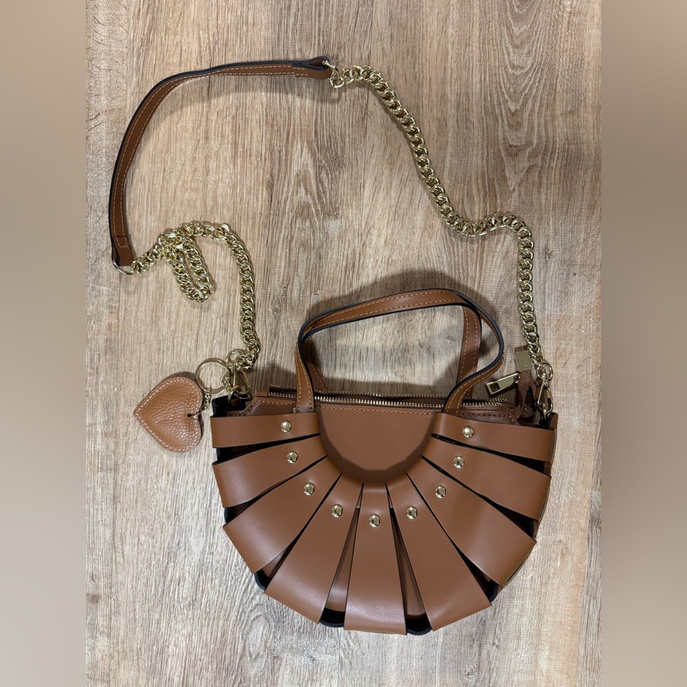 Borse in Pelle Brown Leatherette Fan-Strap Crossbody Handbag